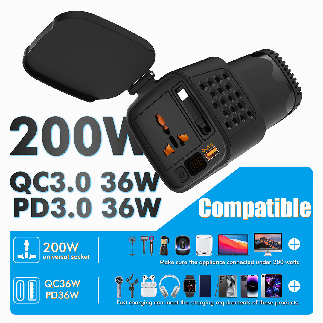 200W 12V to 220V Car Power Inverter with QC3.0 PD3.0 - iEDAL CHARGE CI 201 Model